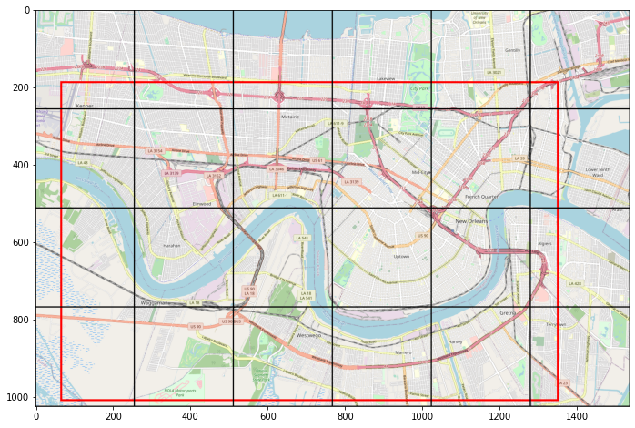 A plot of New Orleans with black lines outlining each tile we downloaded from the tile servers overlaid with a red line representing the section of the map we wish to keep after we crop the image.