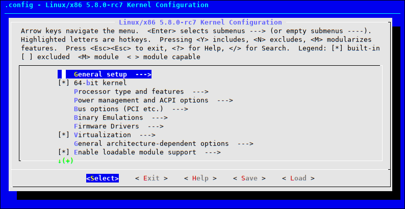 A screens shot of the menuconfig dialog for the 5.8.0-rc7 kernel.