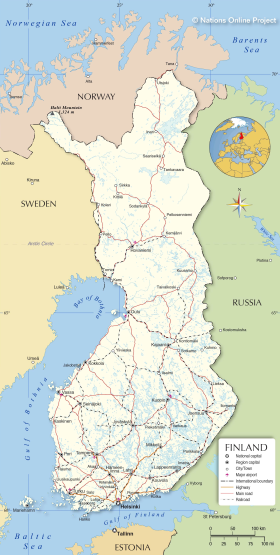 A political map of Finland and its shared 1,000 mile border with Russia. Shamelessly taken from the Nations Online Project